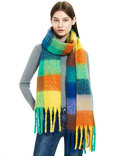 New Coarse Tassel Colorful Plaid Square Scarf Women's Thick Scarf Neck Shawl For Autumn And Winter
