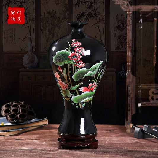 Chinese Style Crystal Glaze Black Background Lotus Vase Ceramic Crafts Ornament Pure Handmade Decoration Vase Chinese Style Appliqué Bottle