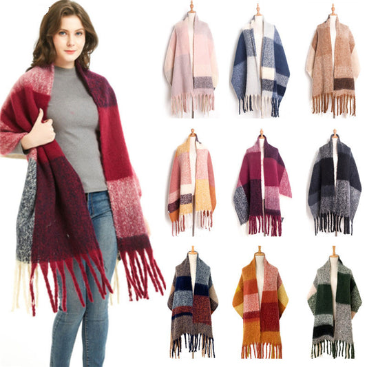 Colorful Rectangular Checkered Coarse Tassel Scarf Horizontal Strip Large Plaid Shawl Neck Scarf New For Autumn And Winter