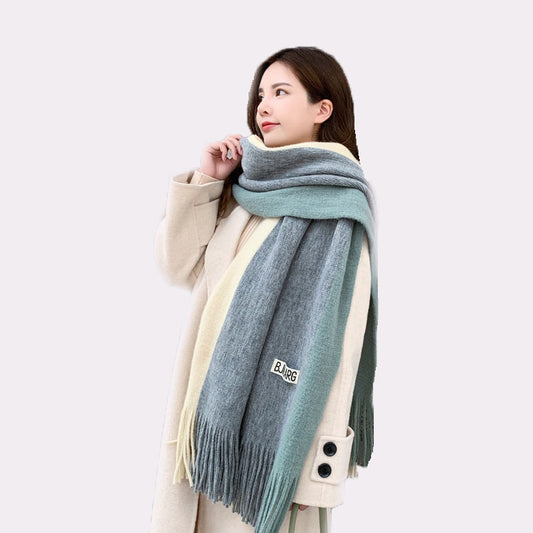 New Tri-Color Splicing Fringed Scarf Women's Imitation Cashmere Warm Color-Block Splicing Shawl Scarf For Autumn And Winter