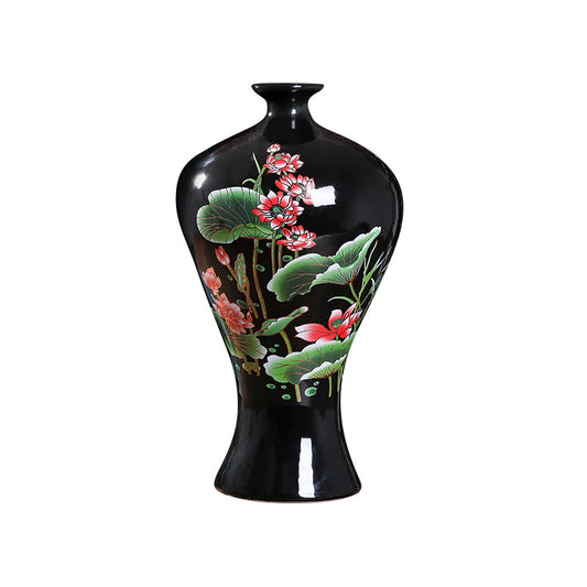 Chinese Style Crystal Glaze Black Background Lotus Vase Ceramic Crafts Ornament Pure Handmade Decoration Vase Chinese Style Appliqué Bottle