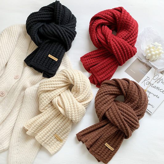 Ins Solid Color Versatile Knitted Scarf Female Trend Student Couple Thick Warm Woolen Neck Scarf For Autumn And Winter