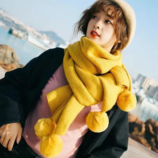 Gentle Trend Rabbit Hair Hanging Ball Solid Color Knitted Scarf Women'S Winter Age Reduction Thickened Warm Scarf