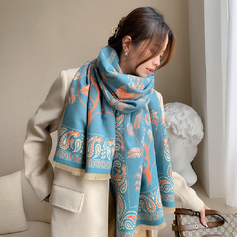 2022 New Air-Conditioned Room Shawl Outer Winter Ethnic Style Imitation Cashmere Scarf Bluebird Cashew Warm Scarf Female