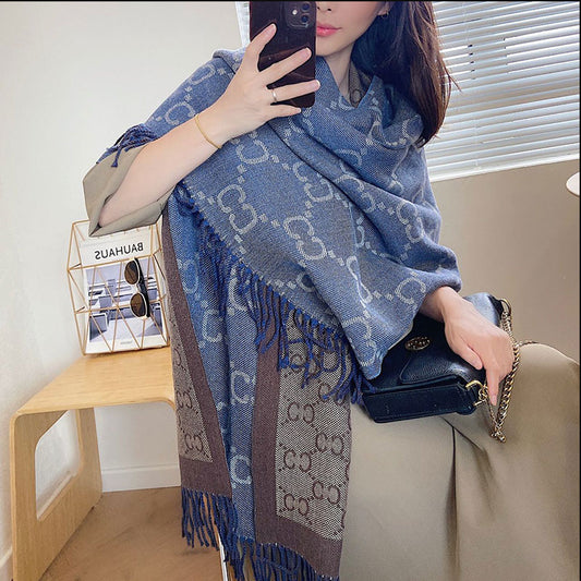 2022 New Scarf Women's Winter Imitation Cashmere Letter Double-Sided Dual-Purpose Large Shawl Thickened Warm Scarf European And American Style