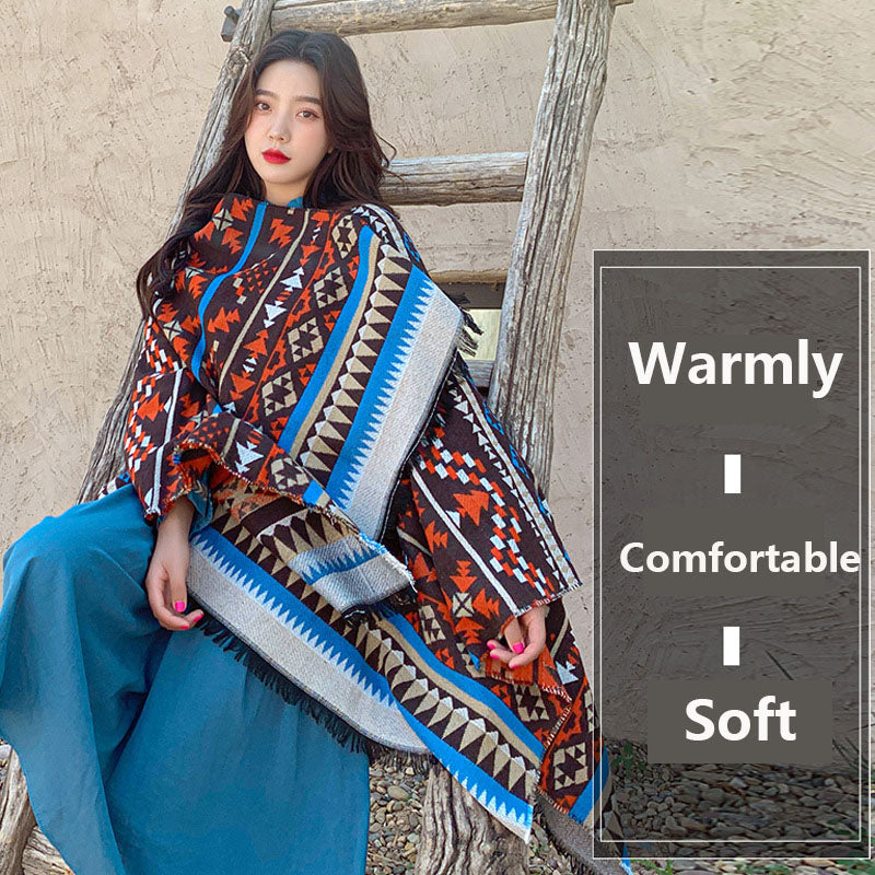 Autumn And Winter New Imitation Cashmere Scarf Women'S Ethnic Style Lattice Scarf Thick Warmly Cape Jacket Outer Travel Shawl
