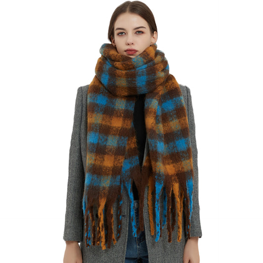 2022 New Neck Imitation Mohair Coarse Tassel Plaid Scarf Women's Thickened Warm Shawl For Winter