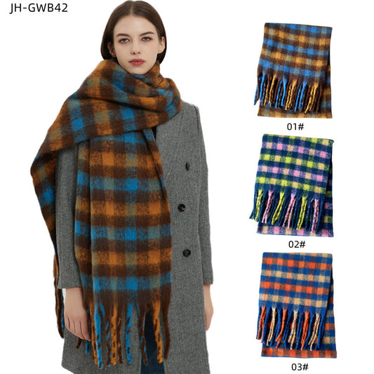 2022 New Neck Imitation Mohair Coarse Tassel Plaid Scarf Women's Thickened Warm Shawl For Winter