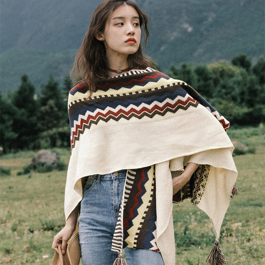 Bohemian Knit Tassel Cape Warm Shawl Scarf Versatile Fashion Ethnic Cloak Scarf
