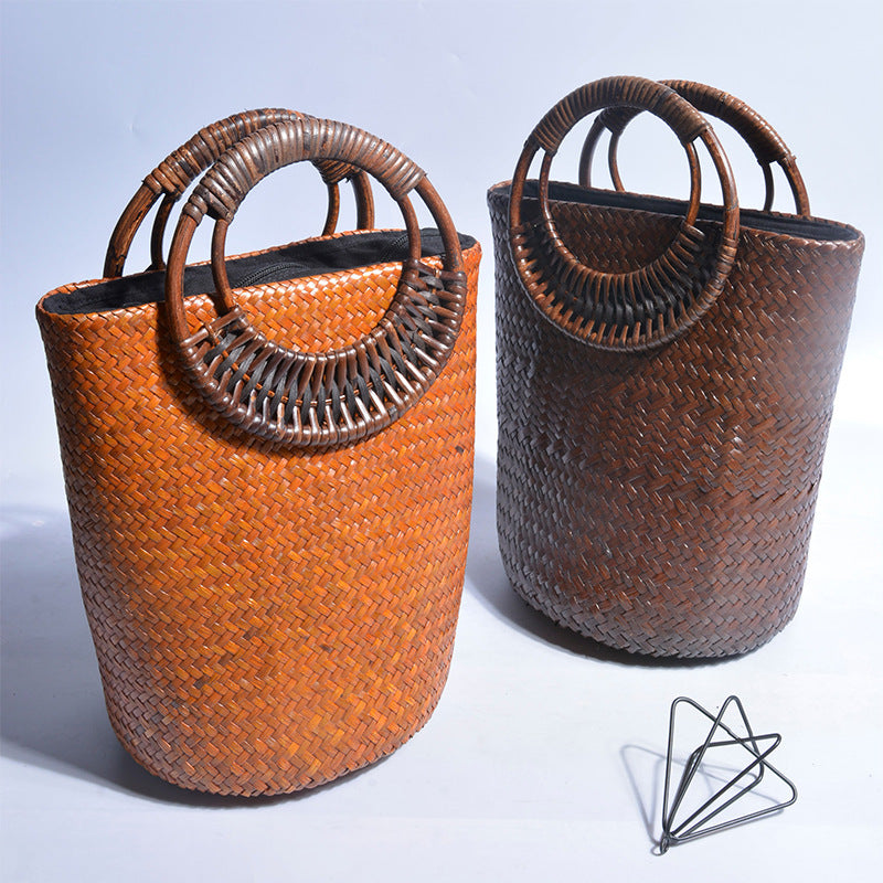Simple Fashion Ladies Bamboo Woven Bag Ethnic Style Round Bamboo Handle Straw Bag Rattan Handle Cross-Body Bag Women's  Fashion Street Bags