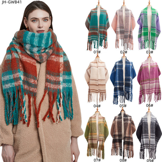 2022 New Color-Block Plaid Scarf Neck Scarf Women's Thickened Coarse Fringed Scarf Shawl