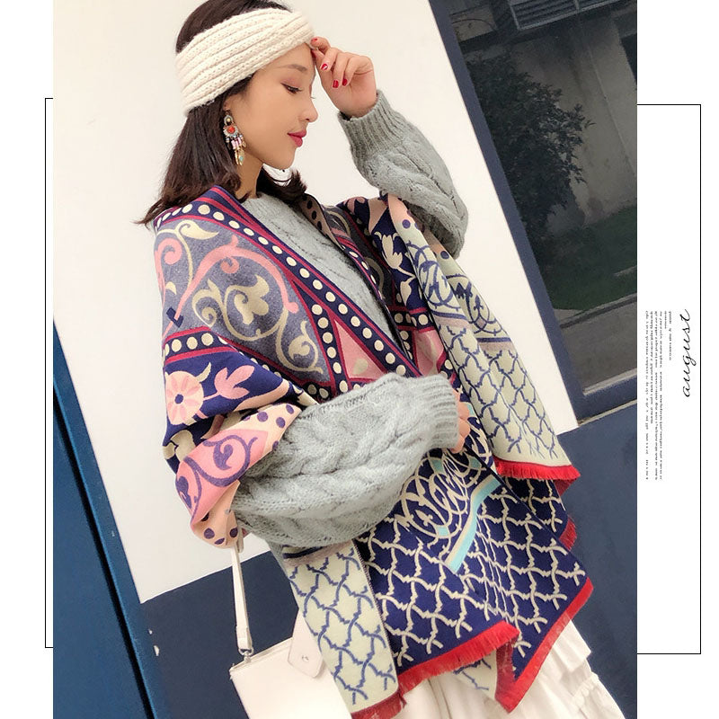New Double-Sided Imitation Cashmere Jacquard Shawl For Autumn And Winter,Ethnic Style Thickened Warm Scarf Lady's Cashew Flower Pattern Scarf