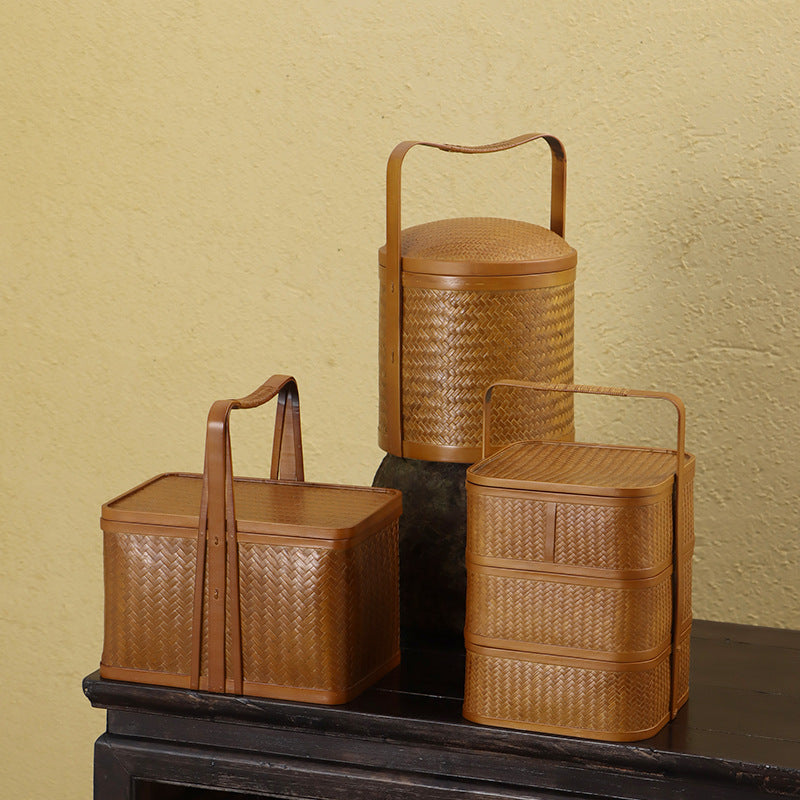 Bamboo Basket Antique Chinese Hand-Held Food Box Tea Set And Tea Cup Storage Box Tea Picnic Basket Mooncake Packaging Gift Box