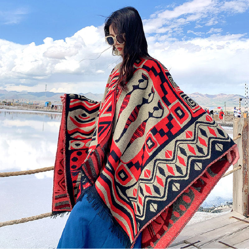 Ethnic Style Split Shawl Women's Autumn And Winter Travel Warm New Scarf Cloak Thickened Cape