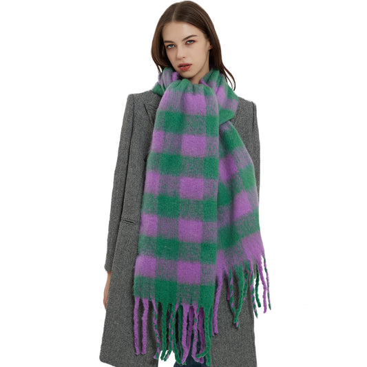 2022 Women's New Plaid Color-Block Shawl Scarf Imitation Mohair Coarse Tassel Scarf Thickened For Autumn And Winter
