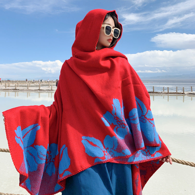 Ethnic Style Hooded Cape Shawl Lady Thickened Warm Lijiang Tibetan Desert Travel Red Hooded Cape