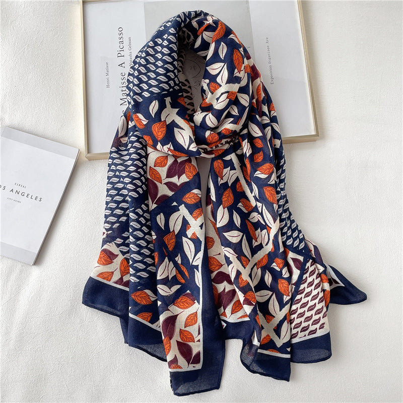 Women's New Autumn And Winter Cotton Linen Scarf Travel Ethnic Style Long Scarf Sunscreen Beach Scarf Leaf Pattern Large Shawl Scarf