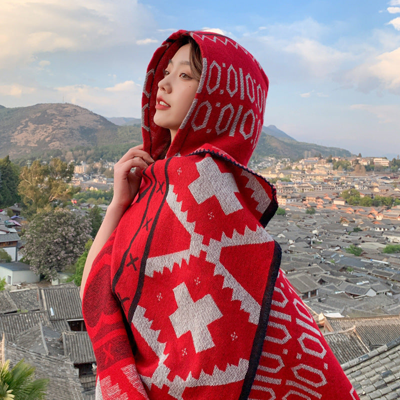 Winter Hooded Ethnic Style Cloak Scarf  Women's Imitation Cashmere Geometric Pattern Cape Travel With Large Shawl
