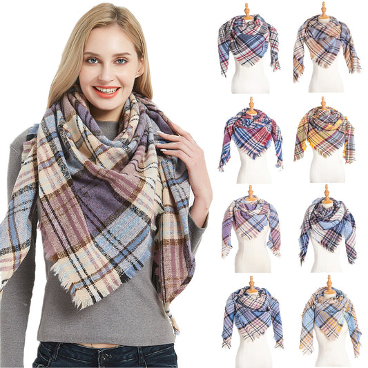 Autumn And Winter New Women's Triangle Scarf Colorful Plaid Neck Scarf Shawl Hoop Yarn