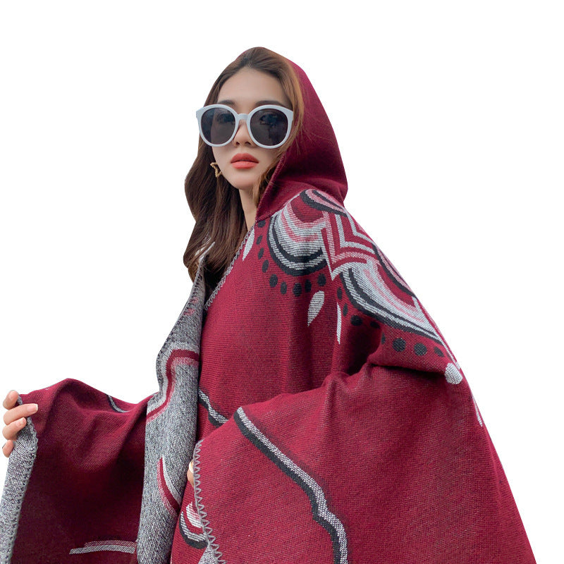 Winter Hooded Ethnic Style Cloak Scarf  Women's Imitation Cashmere Geometric Pattern Cape Travel With Large Shawl