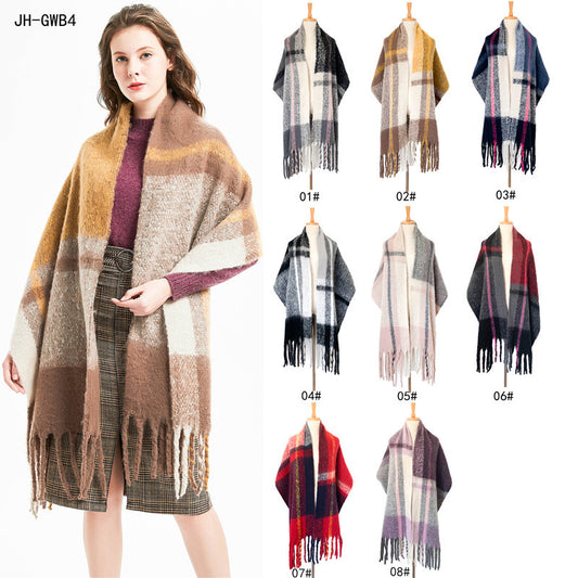 European And American Coarse Tassels Thick Braids Plaid Scarf Thickened Double-Sided Paneled Scarf Shawl For Autumn And Winter
