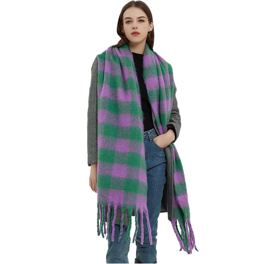 2022 Women's New Plaid Color-Block Shawl Scarf Imitation Mohair Coarse Tassel Scarf Thickened For Autumn And Winter